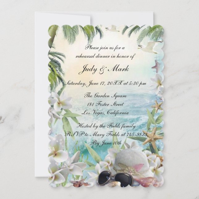 Invitación Floral Tropical Beach Ensayo de Boda Cena (Anverso)
