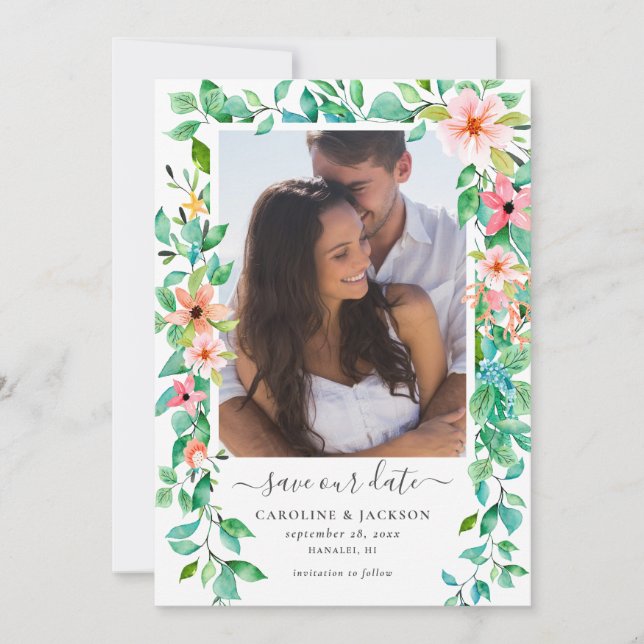 Invitación Floral Tropical Beach Photo Save the Date (Anverso)