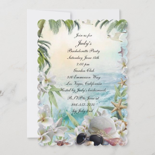 Invitación Floral Tropical Beach Wedding Bachelorette Party (Anverso)