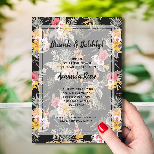 Invitación Floral Tropical Black Bridal Shower (Brunch and Bubbly Tropical Bridal Shower Invitations - INSTANT DOWNLOAD and/or PRINTED)