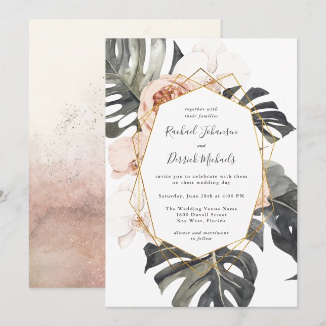 Invitación Floral tropical boho con Boda de marco geométrico (Anverso / Reverso)