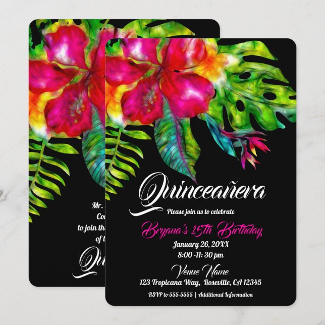 Invitación Floral tropical brillante Hibiscus deja Quinceañer (Anverso / Reverso)