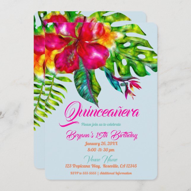 Invitación Floral tropical brillante Hibiscus deja Quinceañer (Anverso / Reverso)