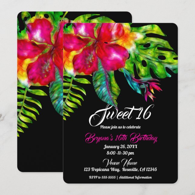 Invitación Floral tropical brillante Hibiscus y hojas dulces  (Anverso / Reverso)