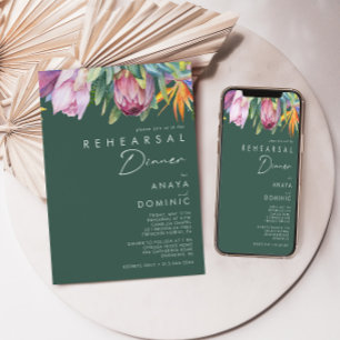 Invitación Floral tropical colorida   Cena de ensayo verde