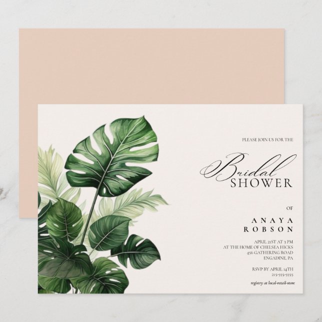 Invitación Floral tropical colorida | Ducha de novia verde (Anverso / Reverso)