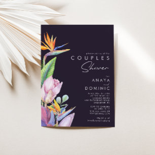 Invitación Floral tropical colorida   Ducha Morada Parejas