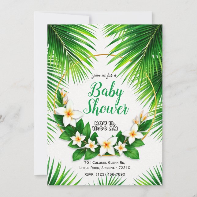 Invitación Floral tropical con hojas de palmera Baby Shower (Anverso)