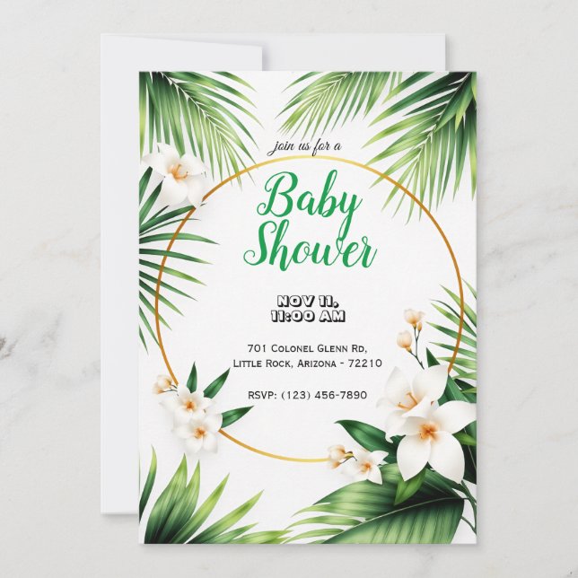 Invitación Floral tropical con hojas de palmera Baby Shower (Anverso)