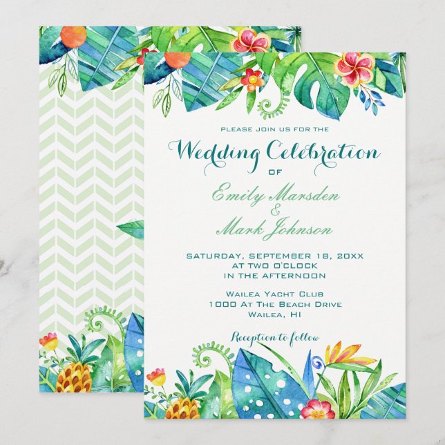 Invitación floral tropical de la boda del destino (Anverso / Reverso)