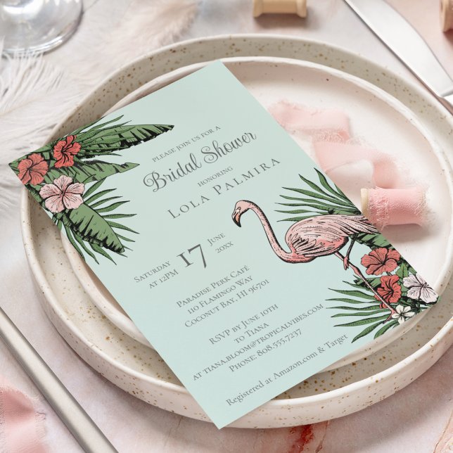 Invitación Floral tropical Flamingo Turquesa Ducha de novia (Elegant Tropical Bridal Shower Design. Hand-Drawn Pink Flamingo, Hibiscus Flowers, Tropical Greenery)