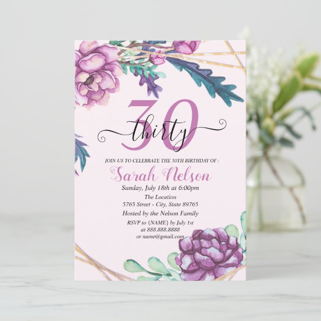 Invitación Floral tropical geométrica púrpura 30 cumpleaños (Anverso de pie)