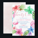 Invitación Floral tropical hawaiana de veintiún cumpleaños<br><div class="desc">Playa oceánica moderna de estilo hawaiano veinte y un modelo de invitación de cumpleaños con flores de hibisco coloridas flor con hojas tropicales, una estrella de mar y un pájaro flamingo rosa, Una acuarela lavada de fondo rosa roto al revés. — La invitación es apta para aloha de verano, mar,...</div>