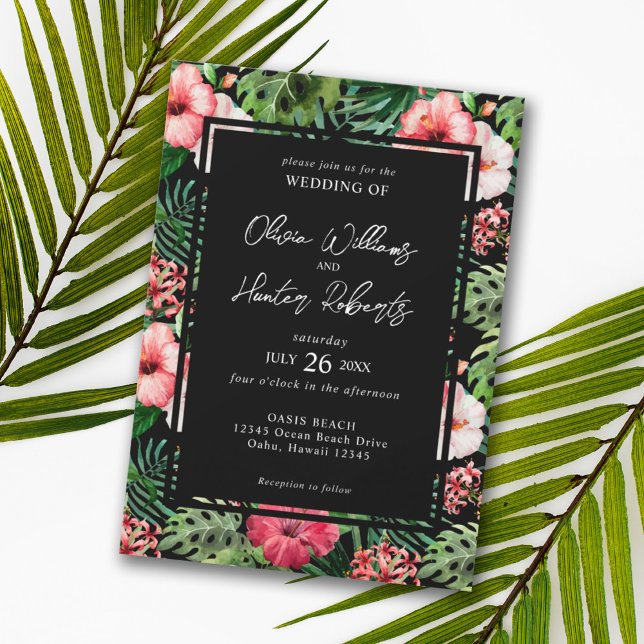 Invitación Floral tropical Hibiscus Boda Negro (Subido por el creador)
