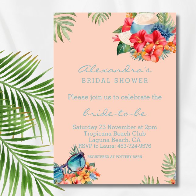 Invitación Floral Tropical Pink Beach Bridal Shower (Subido por el creador)