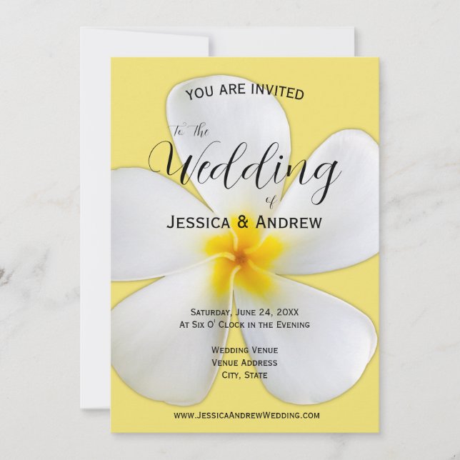 Invitación Floral tropical, Plumeria blanca en amarillo, Boda (Anverso)