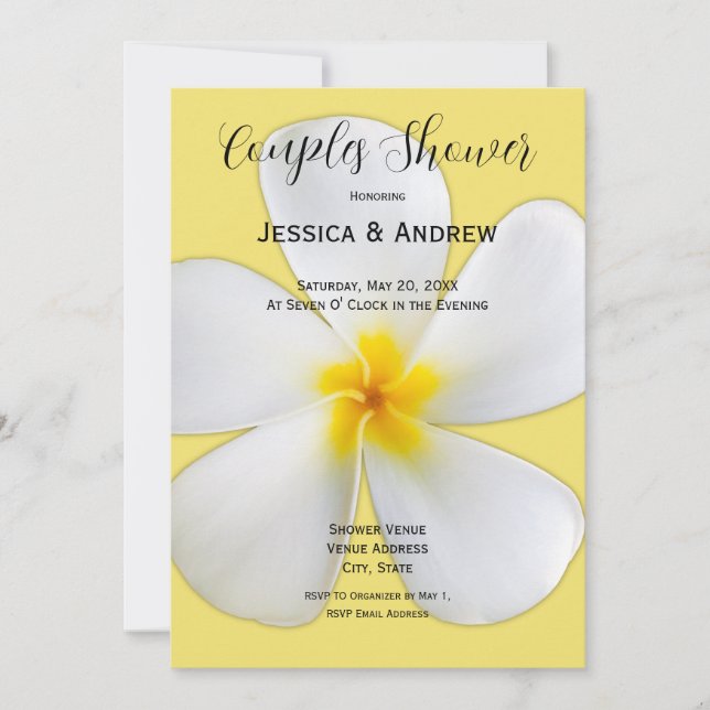 Invitación Floral tropical, Plumeria blanca en amarillo, pare (Anverso)