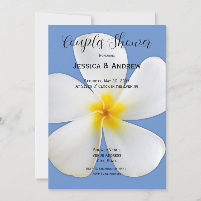 Invitación Floral tropical, Plumeria blanca en azul, parejas (Anverso)