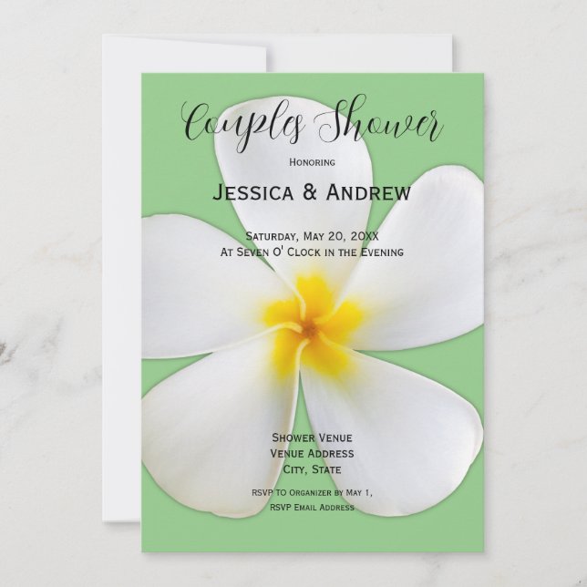 Invitación Floral tropical, Plumeria blanca en salvia, pareja (Anverso)