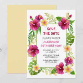 Invitación Floral Tropical Rosa Luau Cumpleaños Salva la fech
