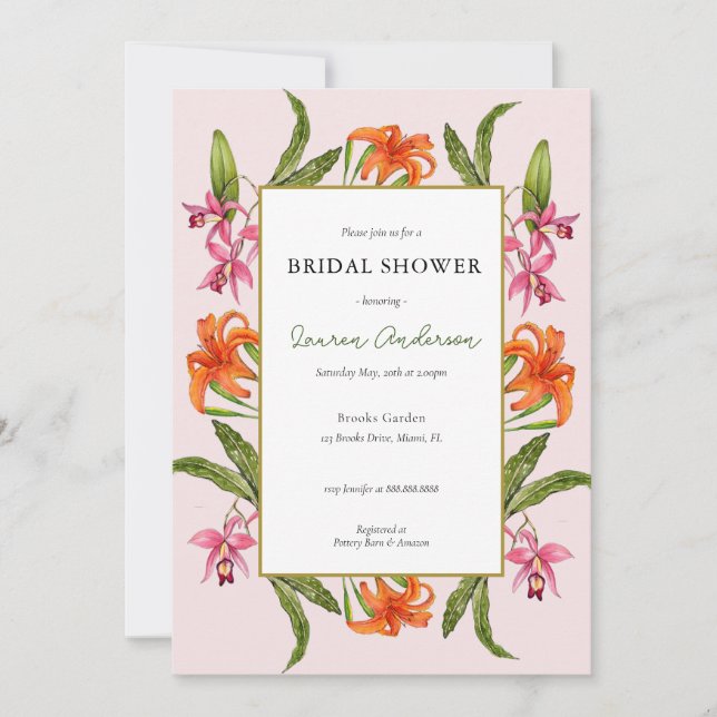 Invitación Floral tropical rosa y blanca ducha de novia (Anverso)