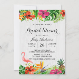 Invitación Floral Tropical Rústica Madera Flamingo Bridal Sho