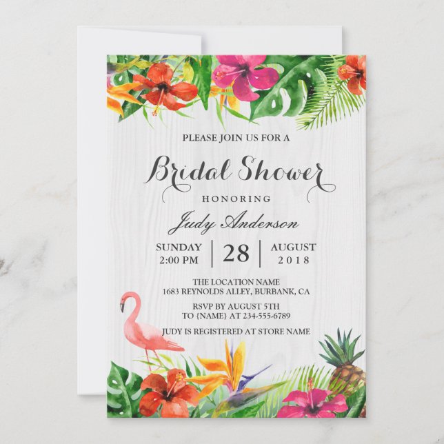 Invitación Floral Tropical Rústica Madera Flamingo Bridal Sho