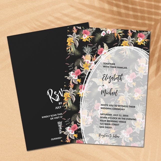 Invitación Floral tropical sobre negro Boda de código QR (Subido por el creador)