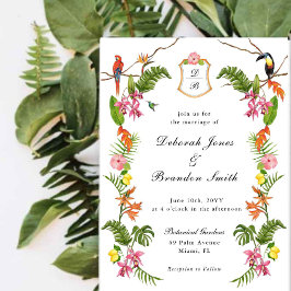 Invitación Floral Tropical y Verdor con Monograma  