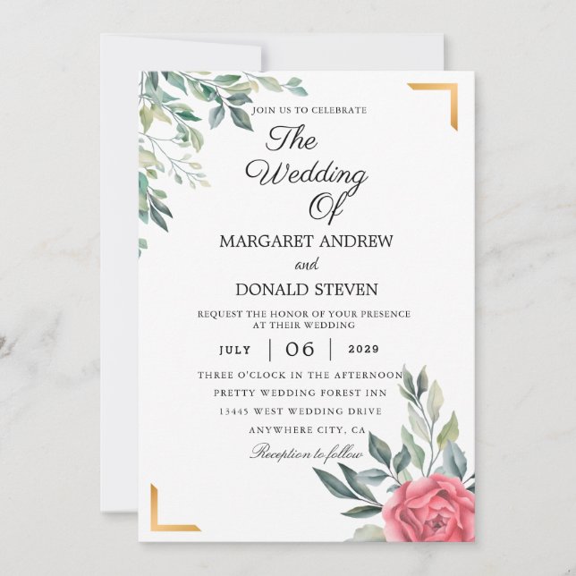 Invitación Floral turbia con marco geométrico dorado boda I (Anverso)
