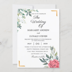 Invitación Floral turbia con marco geométrico dorado boda I