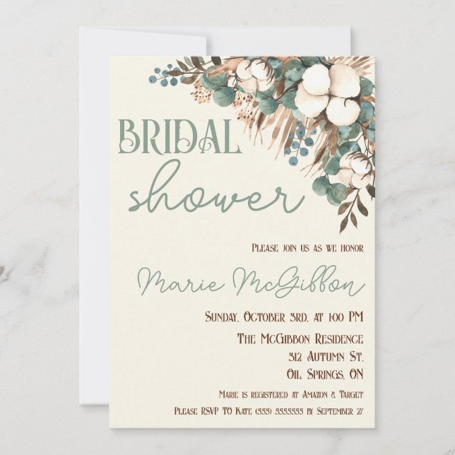 Invitación Floral turquesa, Algodón, Ducha De Novias De Grasa (Anverso)
