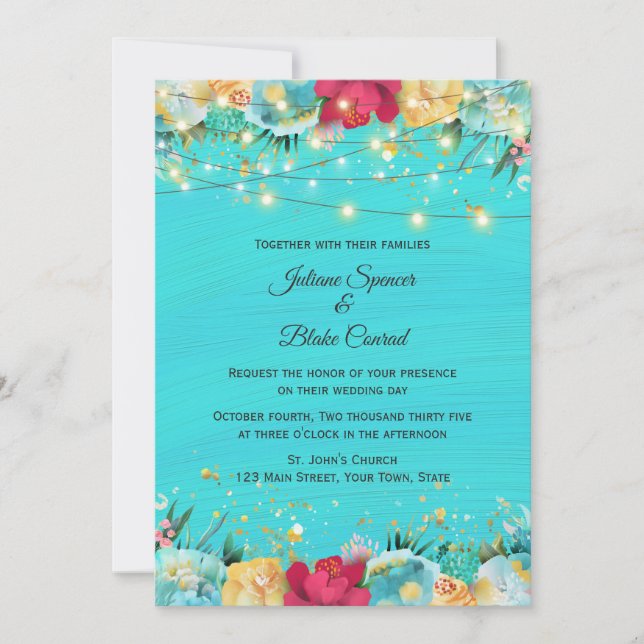 Invitación Floral turquesa con luces de cadena (Anverso)