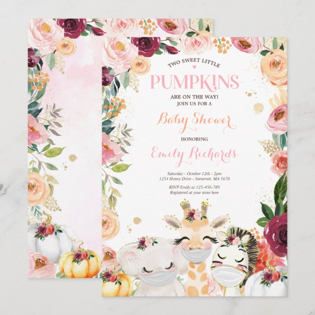 Invitación Floral Twin Safari Animales Calabaza Baby Shower (Anverso / Reverso)