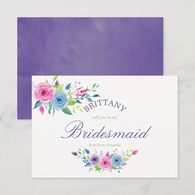 Invitación Floral ultra violenta serás mi dama de honor (Anverso / Reverso)