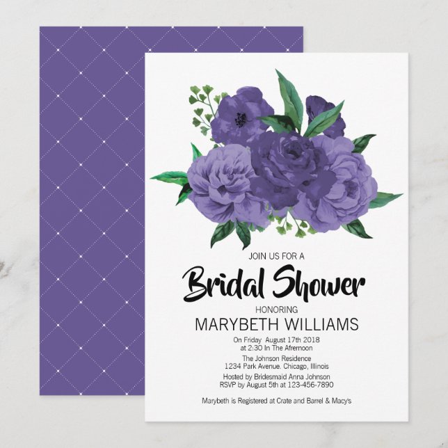 Invitación Floral Ultra Violeta Púrpura Ducha De Madera (Anverso / Reverso)