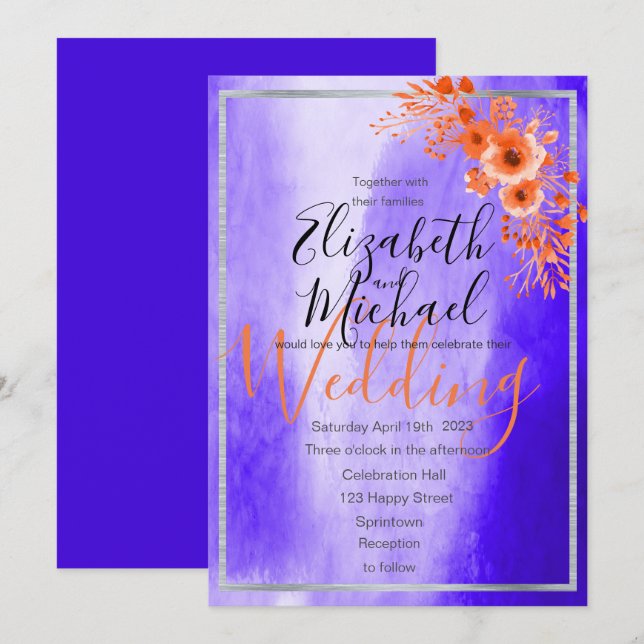 Invitación Floral Ultravioleta/ Púrpura/ Naranja Moderna (Anverso / Reverso)