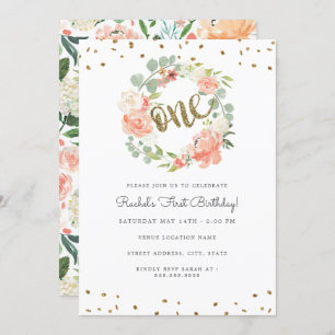 Invitación Floral Una Placa de Oro Wreath Primer Cumpleaños