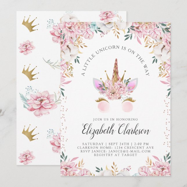Invitación Floral Unicorn Princess Baby Shower (Anverso / Reverso)