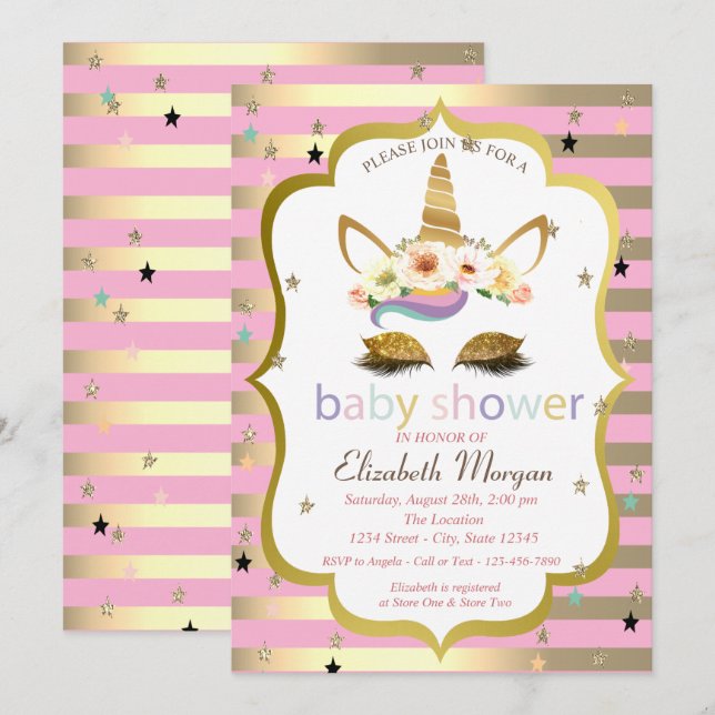 Invitación Floral Unicorn, Purpurina Gold, Baby Shower Stripe (Anverso / Reverso)