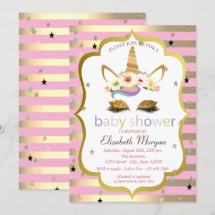 Invitación Floral Unicorn, Purpurina Gold, Baby Shower Stripe