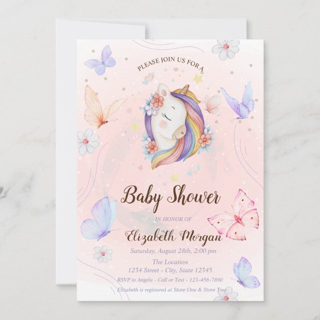 Invitación Floral Unicornio Butterflies Stars Baby Shower (Anverso)