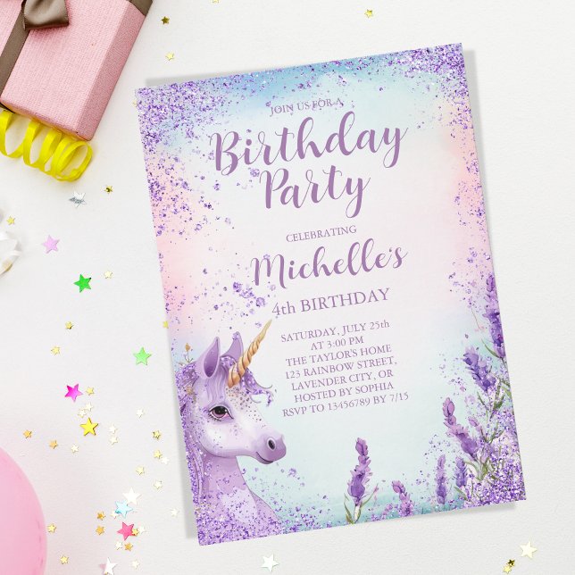 Invitación Floral unicornio de Purpurina de arcoiris morado (Subido por el creador)