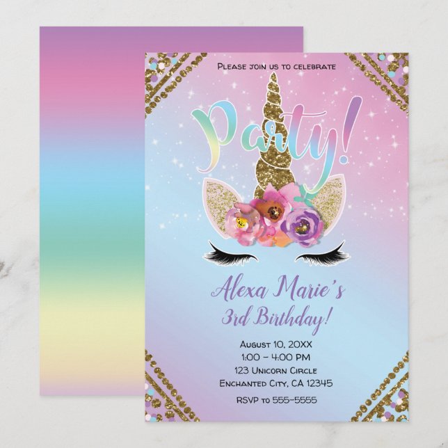 Invitación Floral Unicornio Horn Rainbow Sparkle Fiesta de cu (Anverso / Reverso)