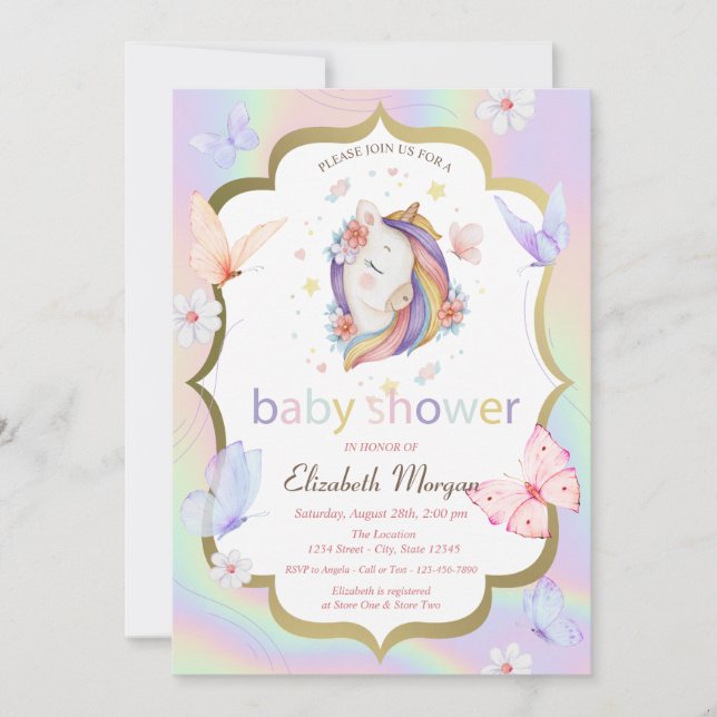 Invitación Floral Unicornio Mariposa Holográfica Baby Shower (Anverso)