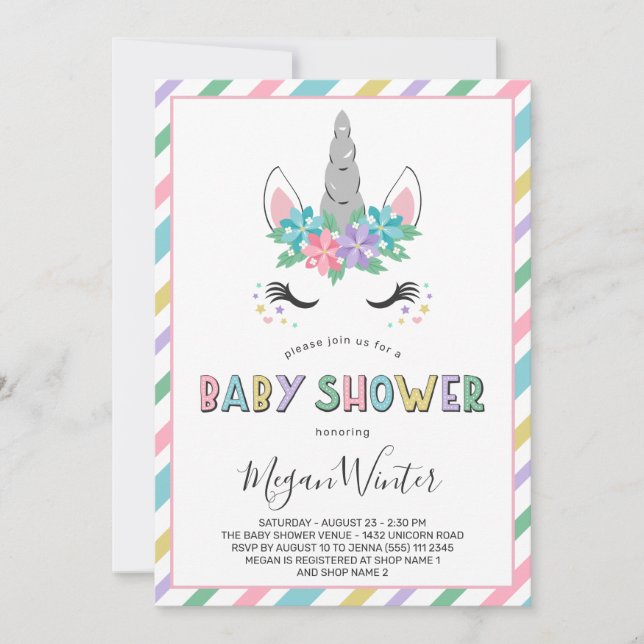 Invitación Floral Unicornio Pastel Baby Shower (Anverso)