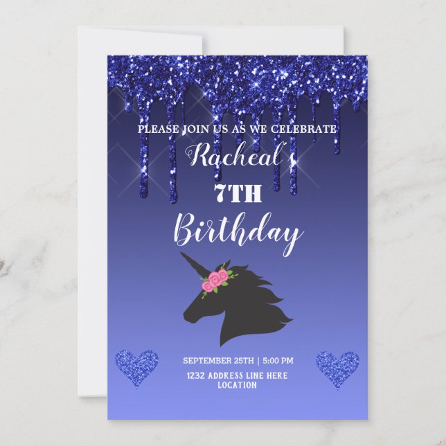 Invitación Floral Unicornio, Purpurina de goteo azul (Anverso)