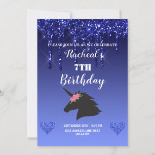 Invitación Floral Unicornio, Purpurina de goteo azul