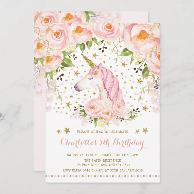 Invitación Floral Unicornio, Rosas de Oro Rosa (Anverso / Reverso)