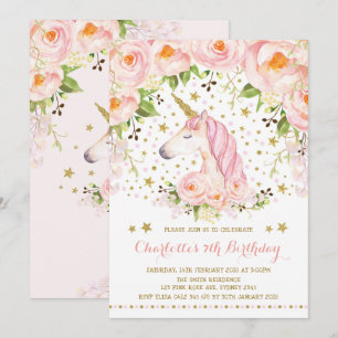 Invitación Floral Unicornio, Rosas de Oro Rosa